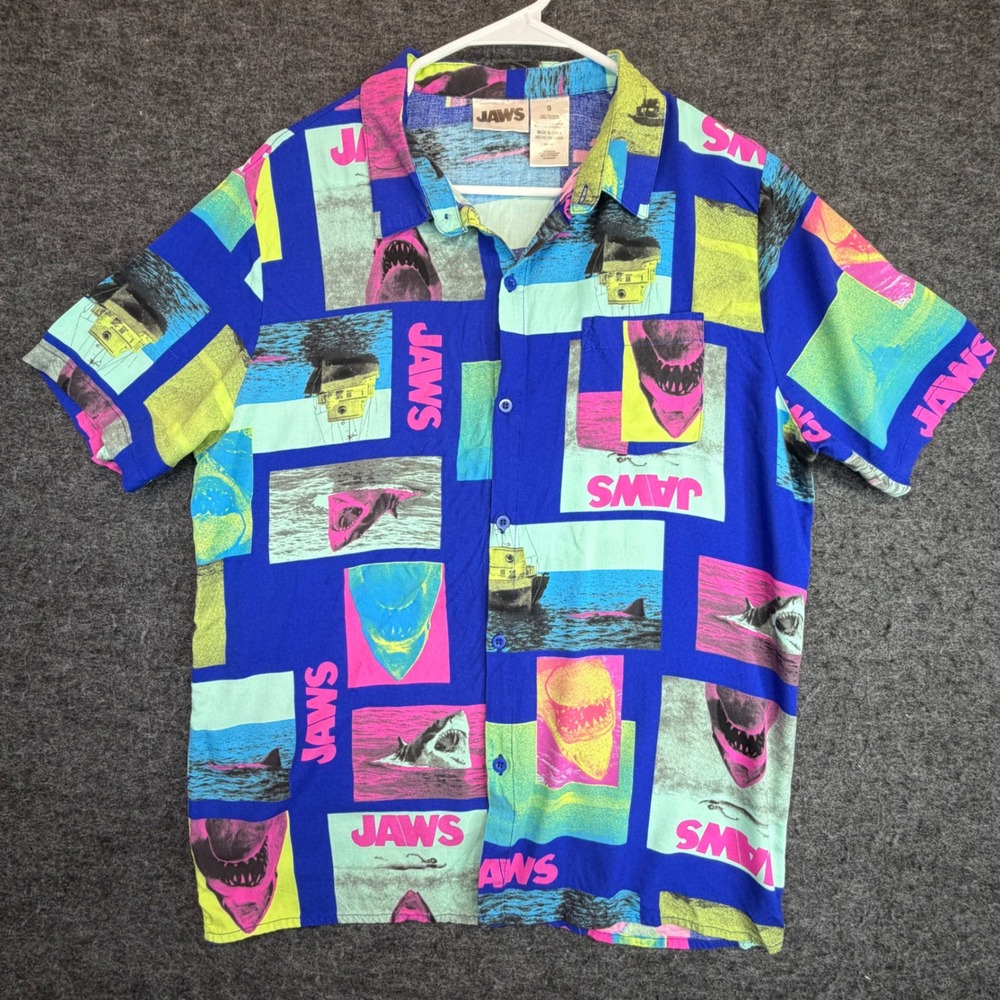 JAWS Movie Button Down Shirt Mens Small Royal Blue All Over Graphic Print Rayon